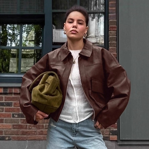 Summer Clothing Old Money - Veste en cuir marron Style vieil
