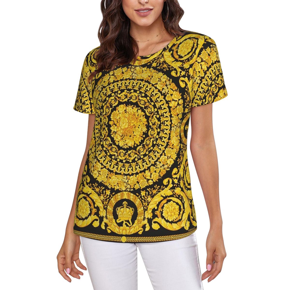 Summer Clothing For 60 Year Old Woman - T-shirt décoratif doré à motif médaillon