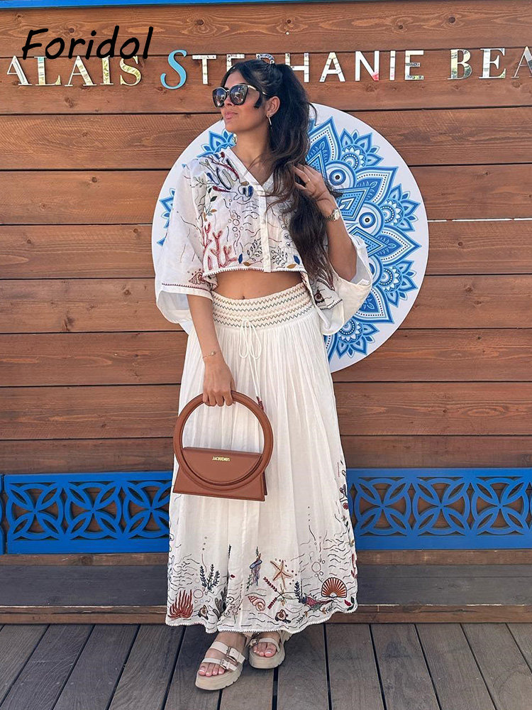 Summer Alt Clothing - Foridol-Jupe Maxi Brodée à Manches Chauve-Souris
