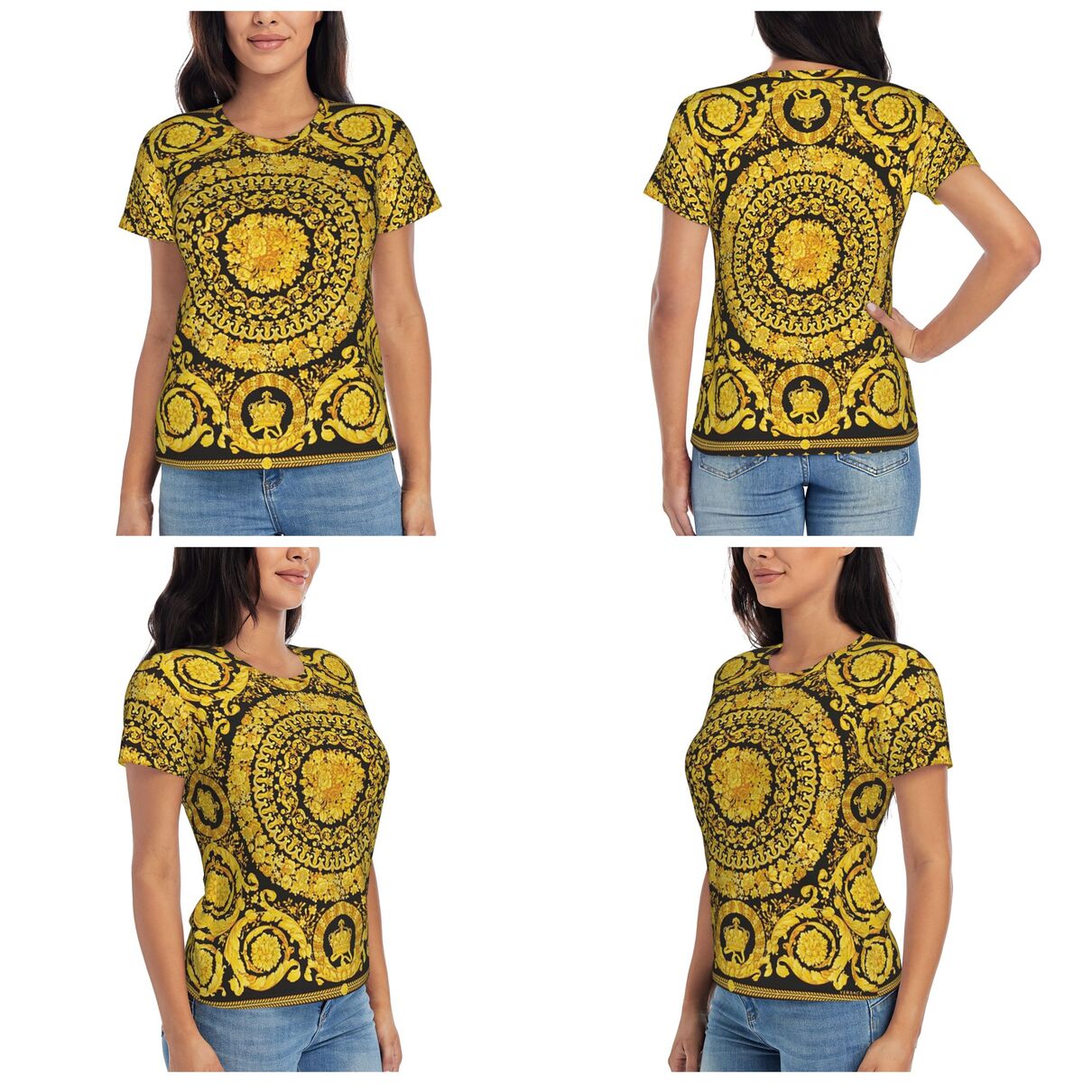 T-shirt décoratif doré à motif - Summer Clothing For 60 Year Old Woman avis et prix